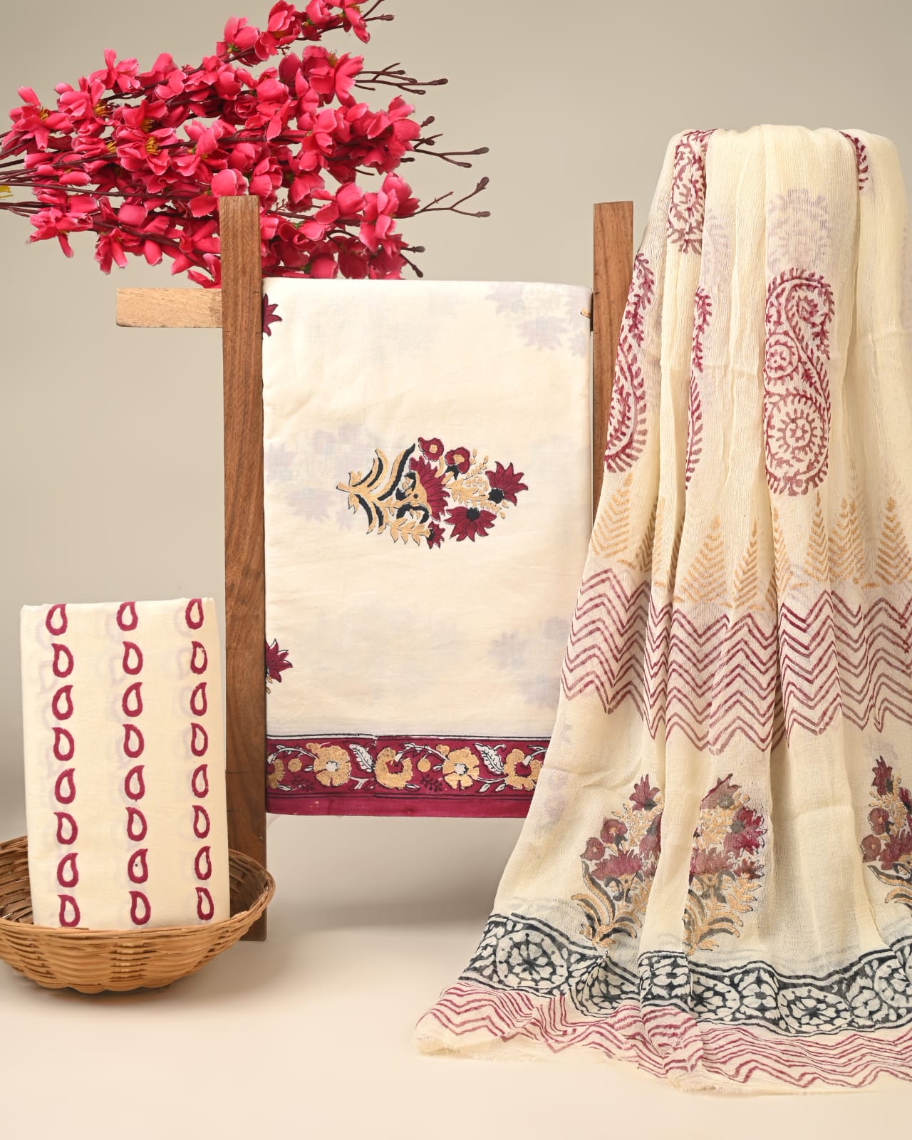 green yellow jaal handblock printed cotton dress material with chiffon dupatta wholesale India supplier for designers Fabtexs26